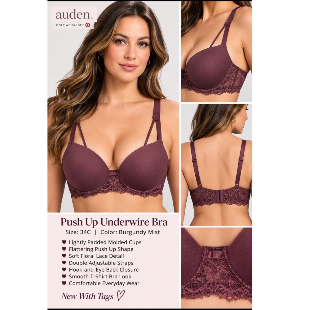 Auden NWT Burgundy Mist Lace Push Up Bra 34C Plum Purple Feminine T-Shirt